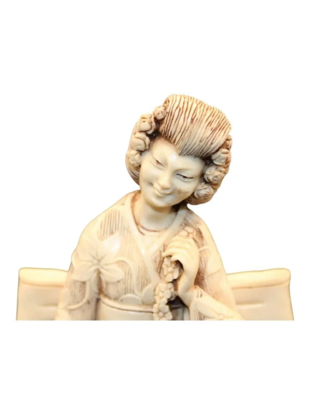 Vintage Ivory Tone Japanese Geisha Woman Resin Figurine Kimono Cherry Wood Base